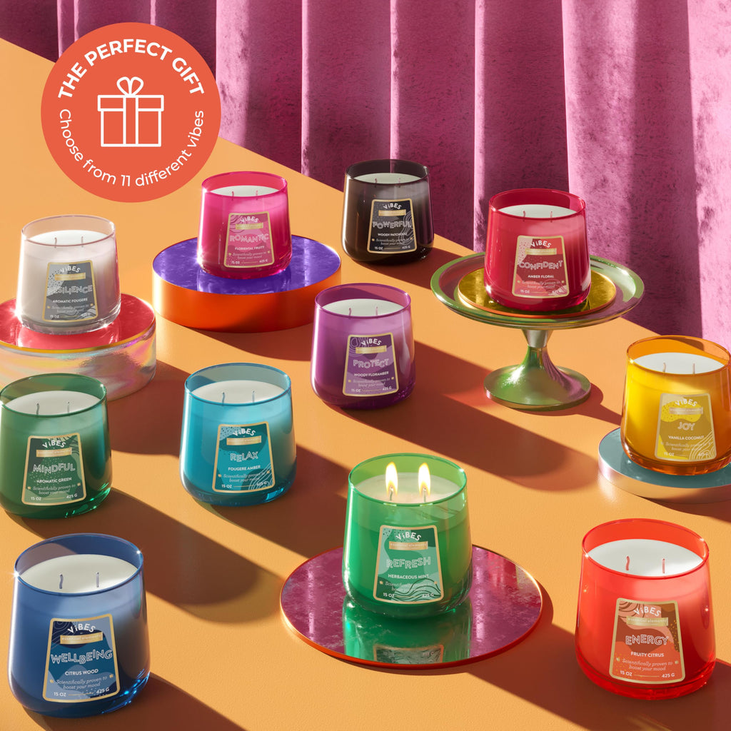 Vibes Fruity Mood-Enhancing Scented Candles, 15 oz Jar, Aromatherapy, Proudly Poured in The USA, 2-Wick, 86 Hours
