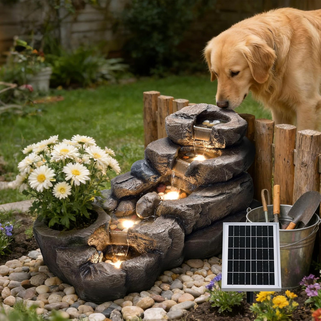 38.2" L Solar Water Fountain Outdoor,5-Tier Rock Waterfall Fountains Solar Powered Floor Standing Outdoor Water