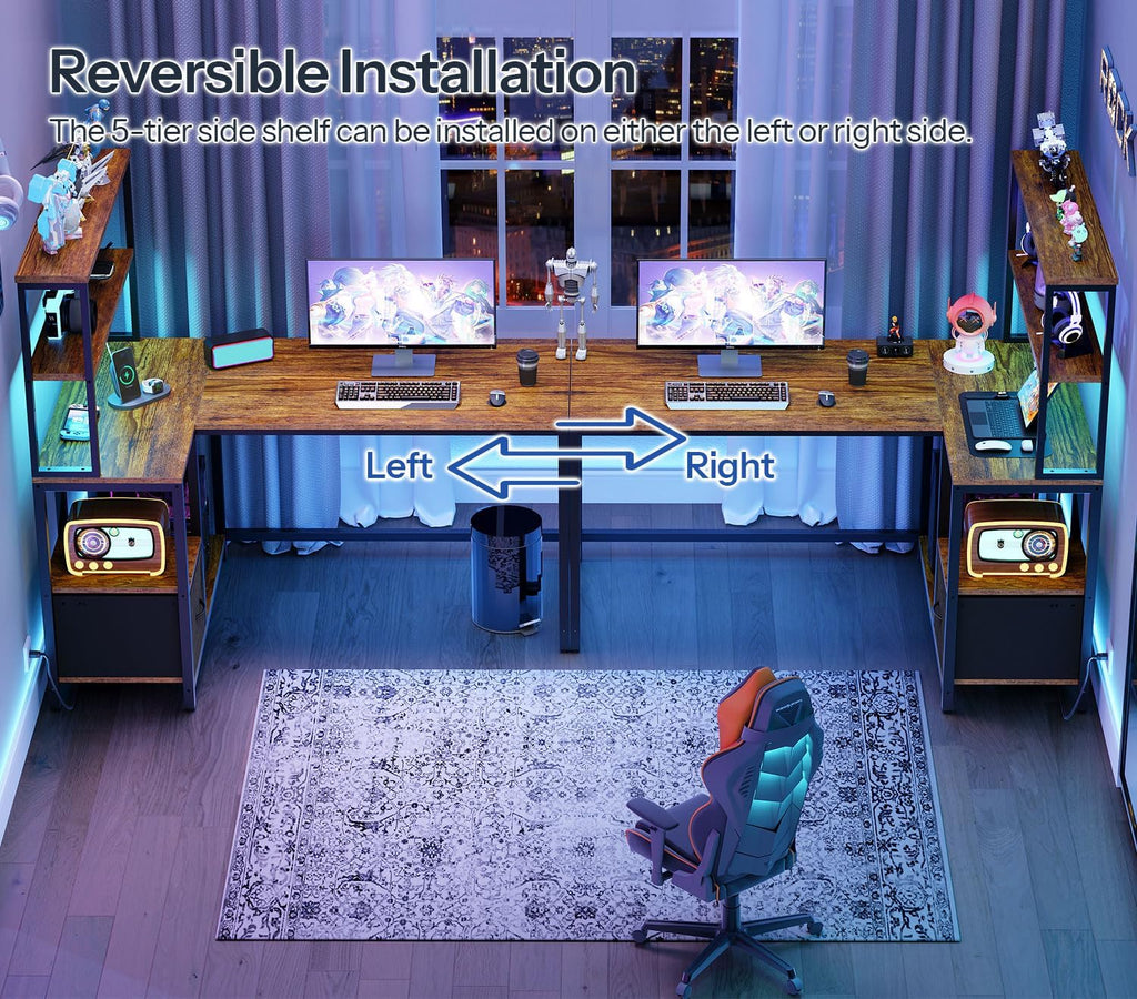 L Shaped Gaming Desk, 46 Inch Reversible Computer Desk with LED Light & Power Outlet