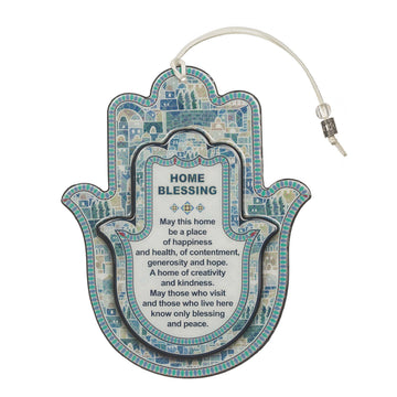 Epoxy Hamsa English Home Blessing 7.3" with Blue Motif - Good Luck Hamsa Hand Wall Hanging Decor, Evil Eye Protection