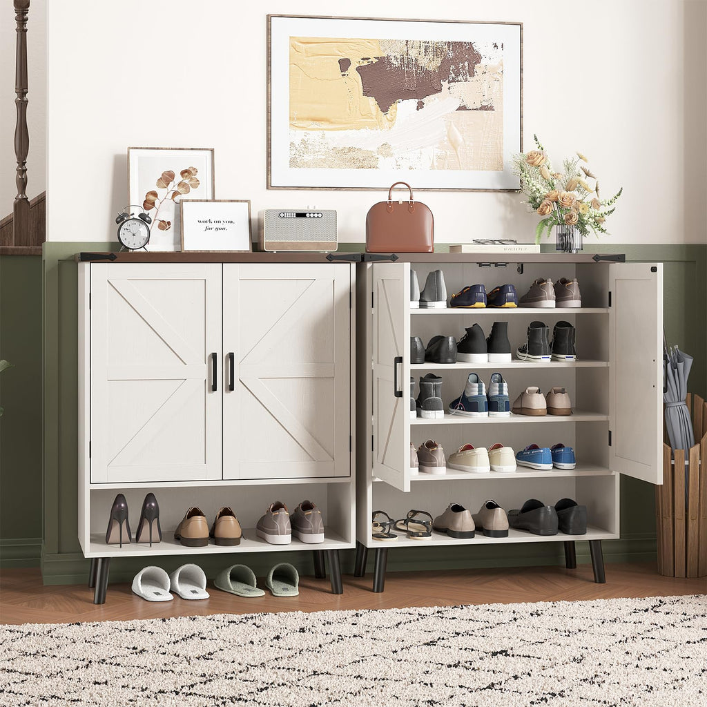 34" Tall Farmhouse Shoe Storage Cabinet with Barn Doors, White