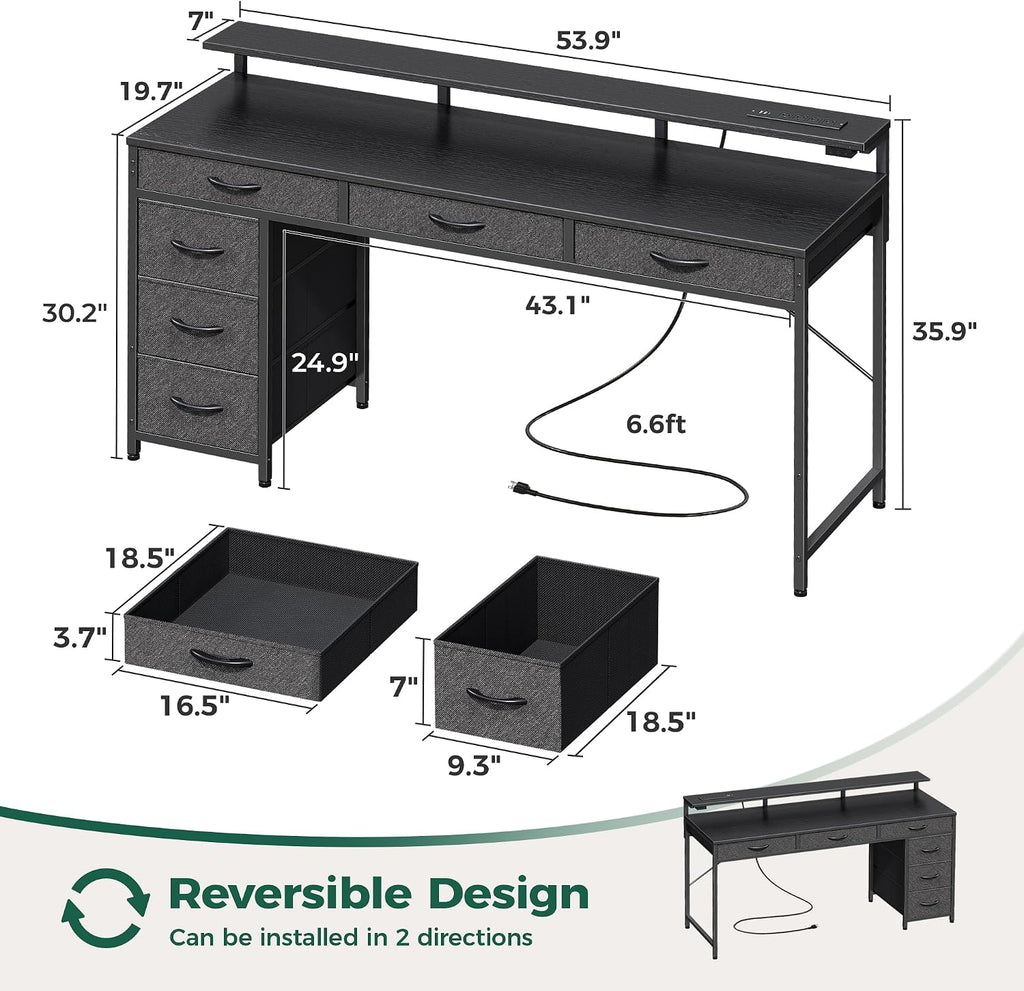 Gaming Desk with 6 Drawers, Computer Desk with LED Lights Power Outlets and Type-C, 55 Inch Office Desk with Storage