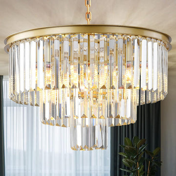Gold Modern Crystal Chandelier, 3-Tier Round Flush Mount Ceiling Light Fixtures Height Adjustable Pendant Lighting