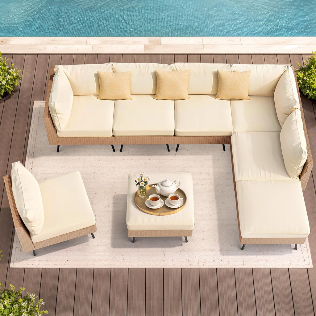 8-Piece Wicker Outdoor Furniture Set, All-Weather Patio Conversation Set with Thick Cushions & 2 Multi-Use Ottomans