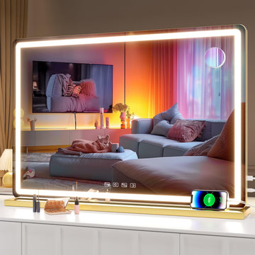 Vanity Mirror with Lights and Bluetooth Speaker, 32" x 21.7" LED Makeup Mirror, Lighted Makeup Mirror with Dimmable 3