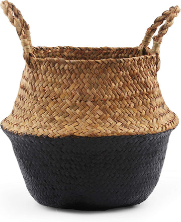 Woven Seagrass Belly Basket for Storage, Laundry, Picnic, Plant Pot Cover, and Grocery and toy storage (Medium, Black)