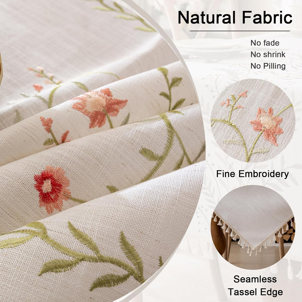 Linen Spring Flowers Tablecloth with Tassels, Rustic Farmhouse Embroidery Waterproof Table Cloths fo
