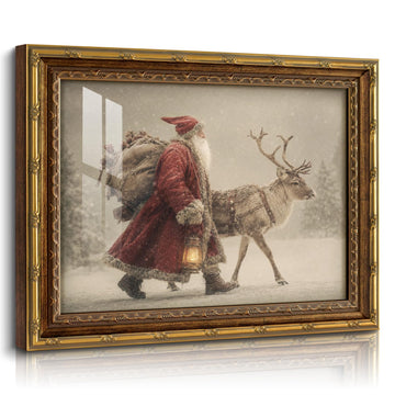 Christmas Santa Reindeer Wall Art 13x16, Vintage Gold Frame
