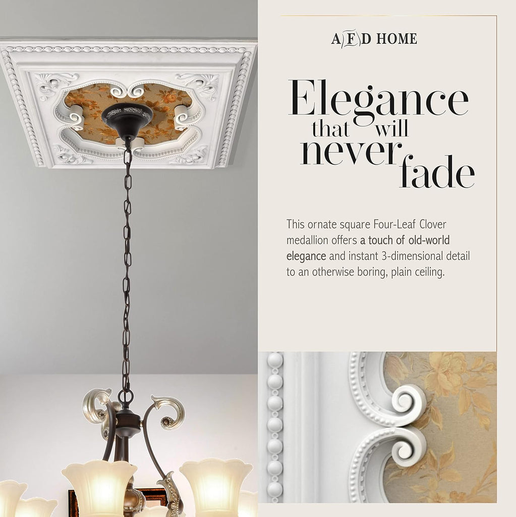 Four-Leaf Clover Square Chandelier Ceiling Medallion and Fan Medallion, 24 Inches, White and Gold