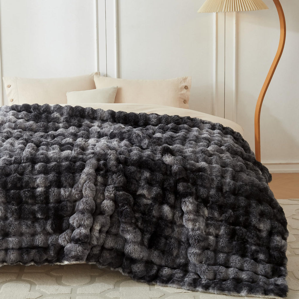 Soft Bubble Faux Fur Throw Blanket, 60"x80", Tie-dye Black