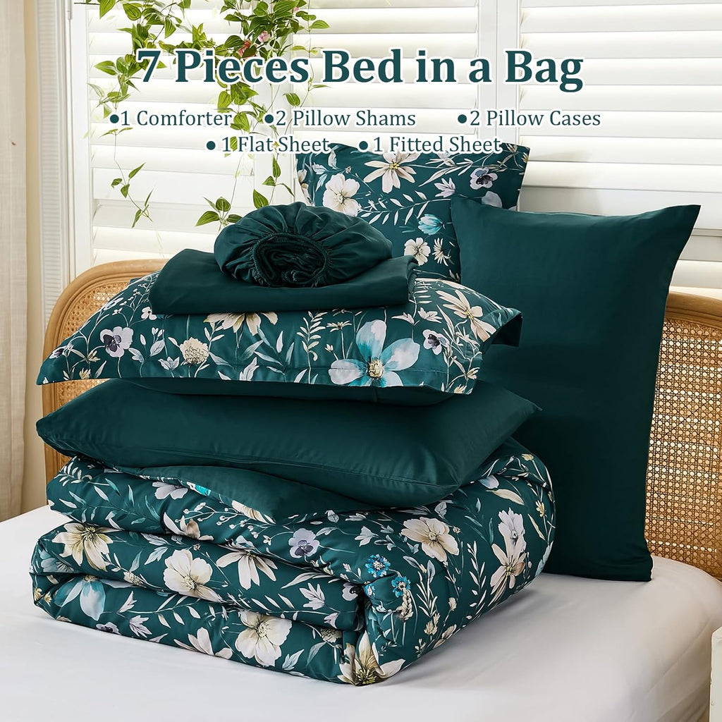 Queen Floral Comforter Set 7 Pieces, Teal Floral Comforter with Sheet Set, Flowers Leaves Pattern