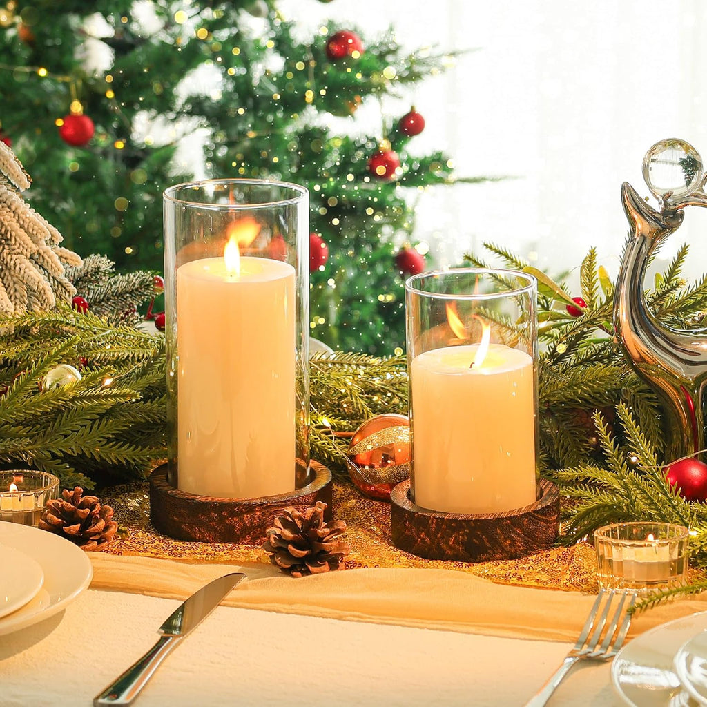 Set of 2 Hurricane Candle Holders with Wood Base & Glass Cylinder (4.2x5.9" & 4.6x7.8") - Rustic Wooden Candle