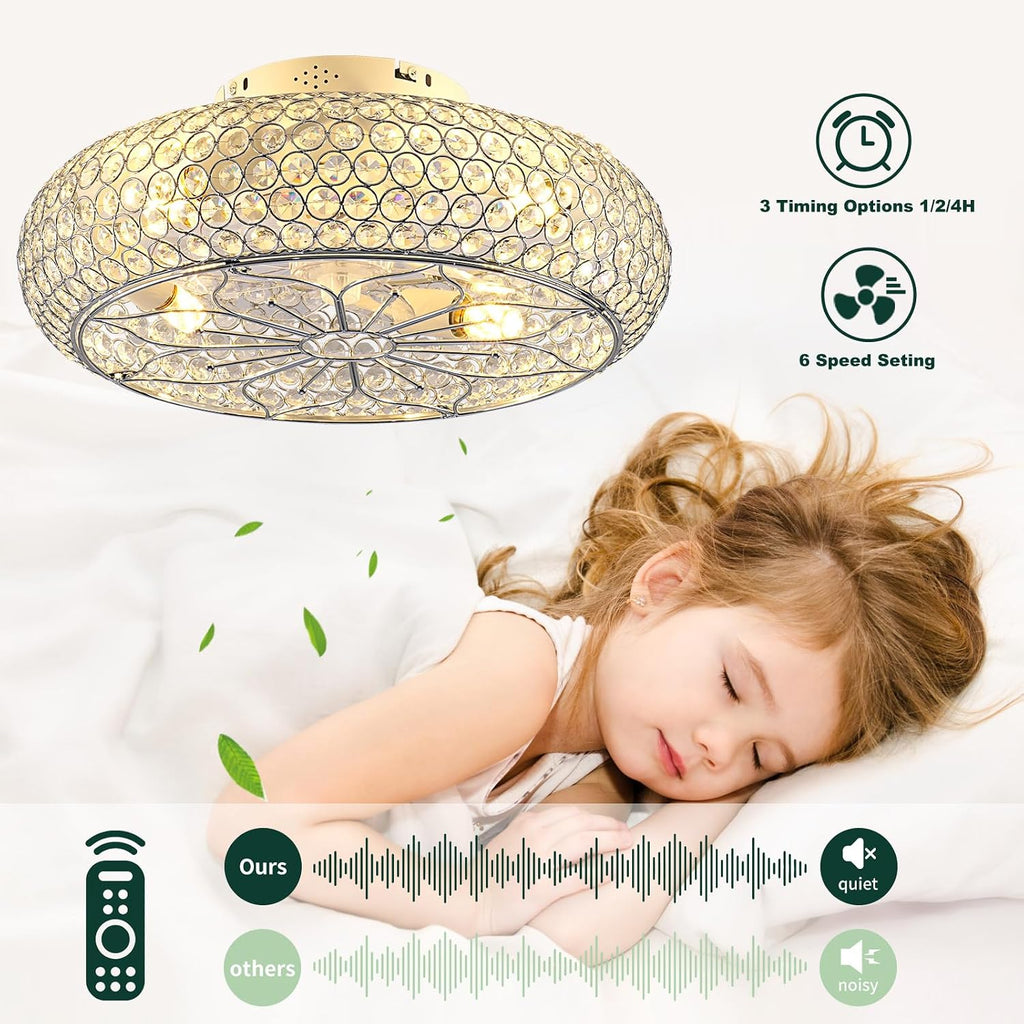 Caged Crystal Ceiling Fans with Lights and Remote,20" Flush Mount Low Profile Ceiling Fan with Light