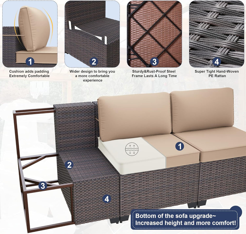9 Pieces Patio Furniture Set, Rattan Wicker Outdoor Conversation Sets w/4 Inch Cushion and Glass Coffee
