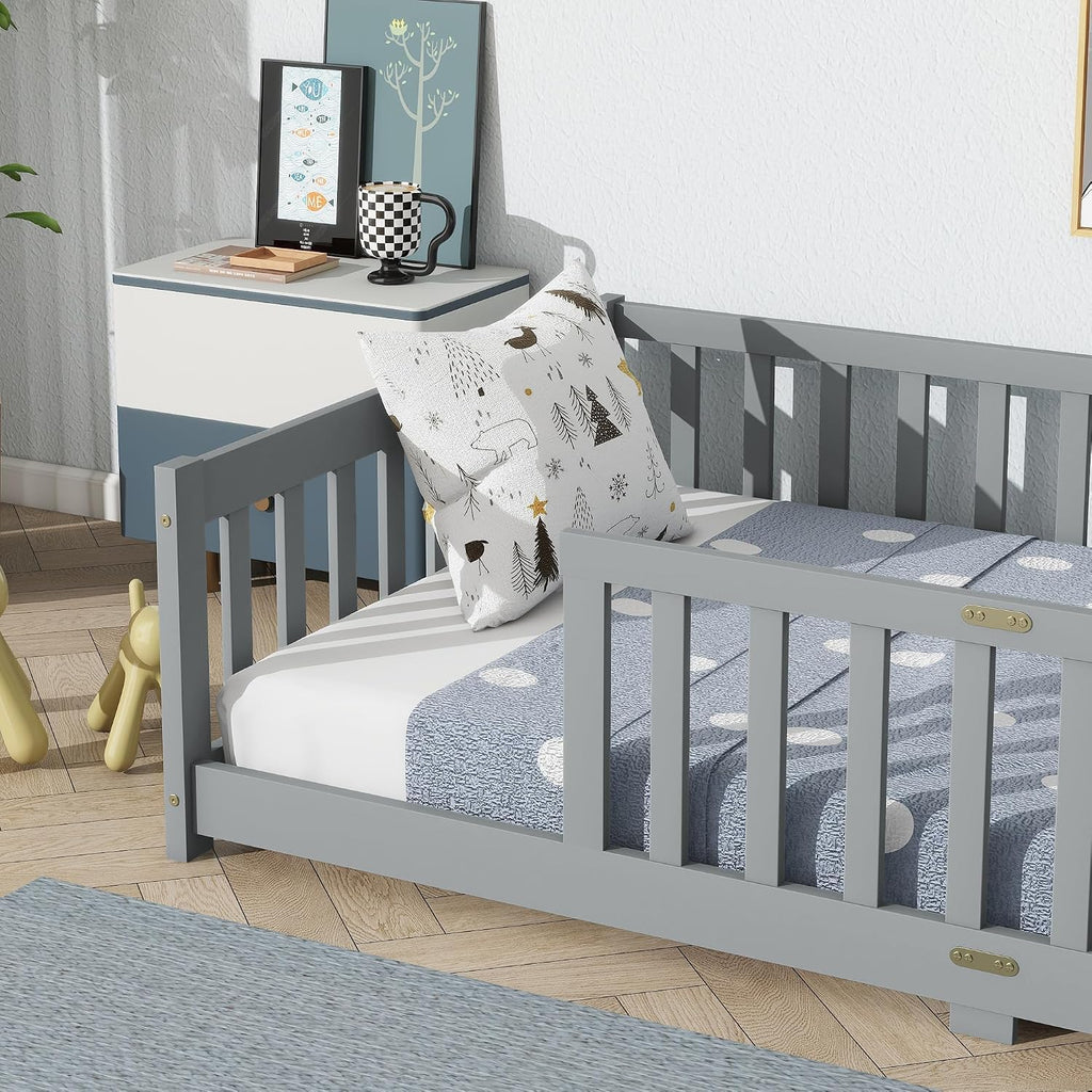 Twin Floor Bed with Slats and Guardrails, Wood Montessori Floor Beds with Fence, Easy Assemble Floor Bed for Kids
