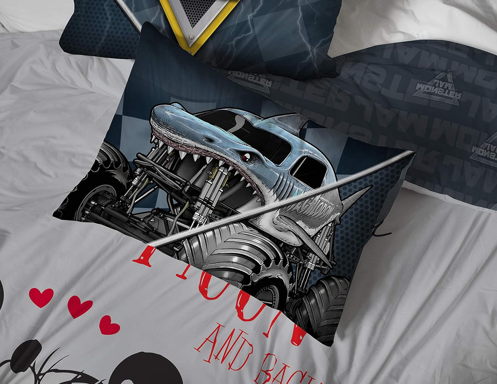 Comforter Set Full, Kids 7 Piece Bed in a Bag, Reversible Bedding, Grave Digger & Megalodon, Super Soft