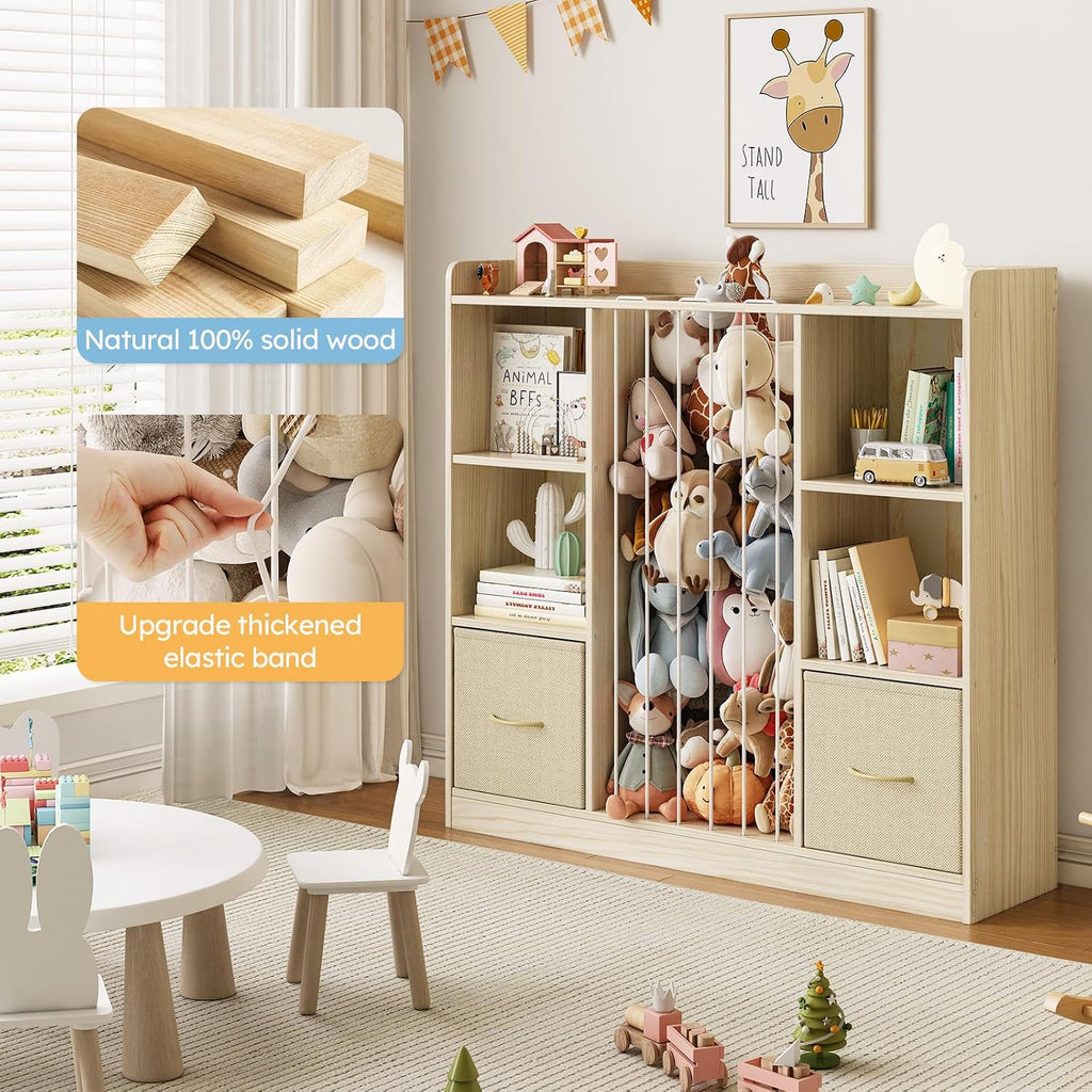 4-in-1 Toy Storage Organizer with Stuffed Animal Storage, Solid Pine Kids Bookshelf and Toy Shelf, 6 Cube Shelf with