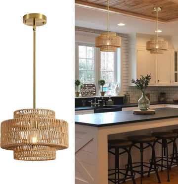 12.4" Boho Rattan Chandelier Light Fixture, 1-Light Hand Woven Pendant Light Fixture Farmhouse Rustic Hanging Lamp