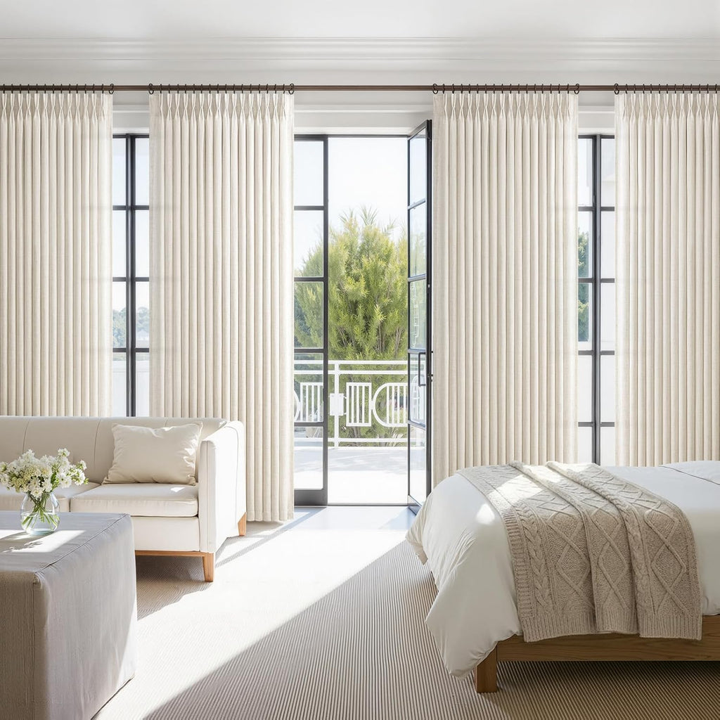 Pinch Pleated Linen Viral Curtains 4 Panels Set for Living Room, Birch Memory Trained Pleat Light