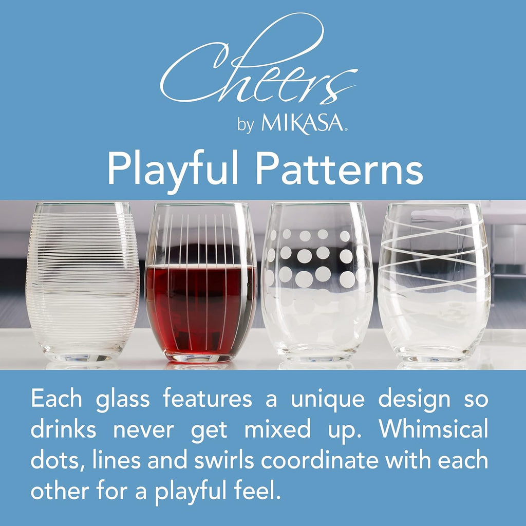 Cheers Stemless Wine Glasses, Set of 4, 17-Ounce Clear Glasses, Durable and Elegant, Perfect for Red or White Wine
