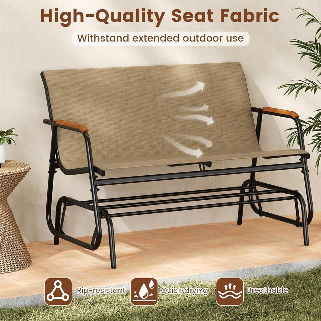 Patio Glider Bench, 2-Person Swing Gliding Loveseat with Curved Teak Armrests, Fabric Seat, Metal Frame, Load 660lbs