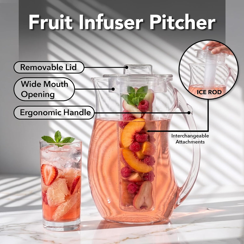 Fruit Infusion Water Pitcher 2.5L/85Oz with Removable Lid and Infuser Rod, BPA-Free, Shatterproof Acrylic Beverage