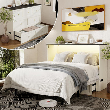 Queen Murphy Bed with Storage Drawer, Farmhouse Cabinet Bed with LED Lights & Charging Station, Space Saving Wall Bed