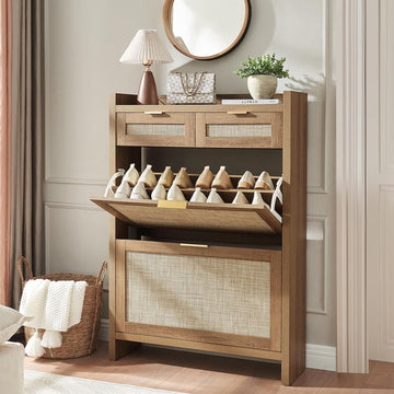 Rattan Shoe Storage Cabinet with 2 Drawers & 2 Flip Drawers - Hidden Slim Shoe Organizer , Large Tabletop Space