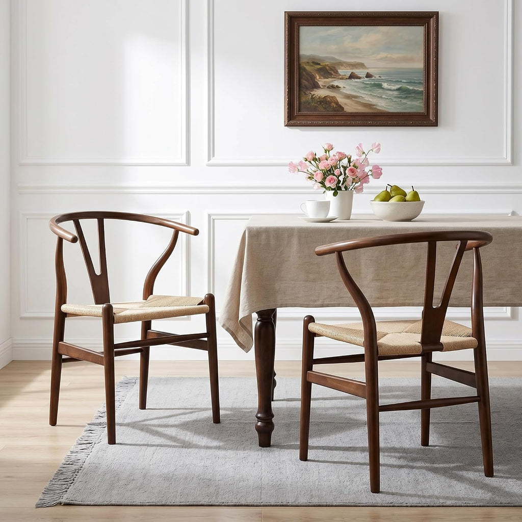 Wishbone Chair, Weave Solid Wood Mid-Century Modern Y Shaped Backrest Dining Chair (Walnut Set of 2)