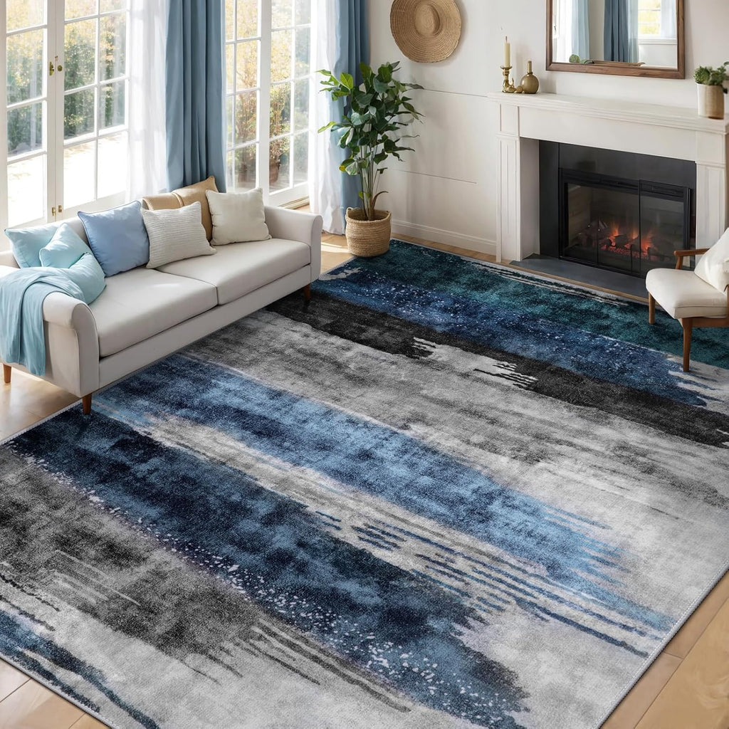Modern Abstract Rug for Living Room, Machine Washable Area Rug Non-Slip Rug, Low-Pile Contemporary Indoor