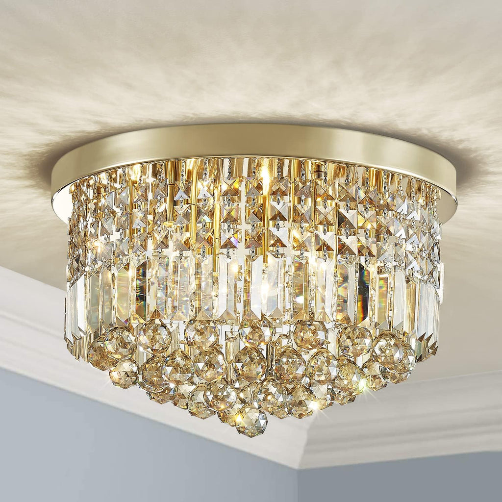 9 Light Modern K9 Crystal Raindrop Chandelier Lighting, Flush Mount, Perfect for Dining Room Bedroom; E12 Bulb Base; Height 11" x Diameter 20"; Champagne Crystal & Gold Finish A100-B0B5632YTQ