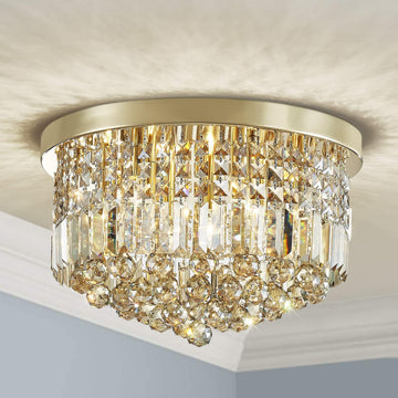9 Light Modern K9 Crystal Raindrop Chandelier Lighting, Flush Mount, Perfect for Dining Room Bedroom; E12 Bulb Base; Height 11" x Diameter 20"; Champagne Crystal & Gold Finish
