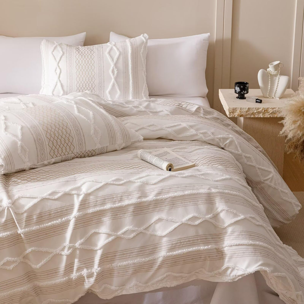 White Boho Comforter Set Queen Farmhouse Tufted Bedding Set Soft Bohemain Shabby Chic Blanket Quilts Embroidery