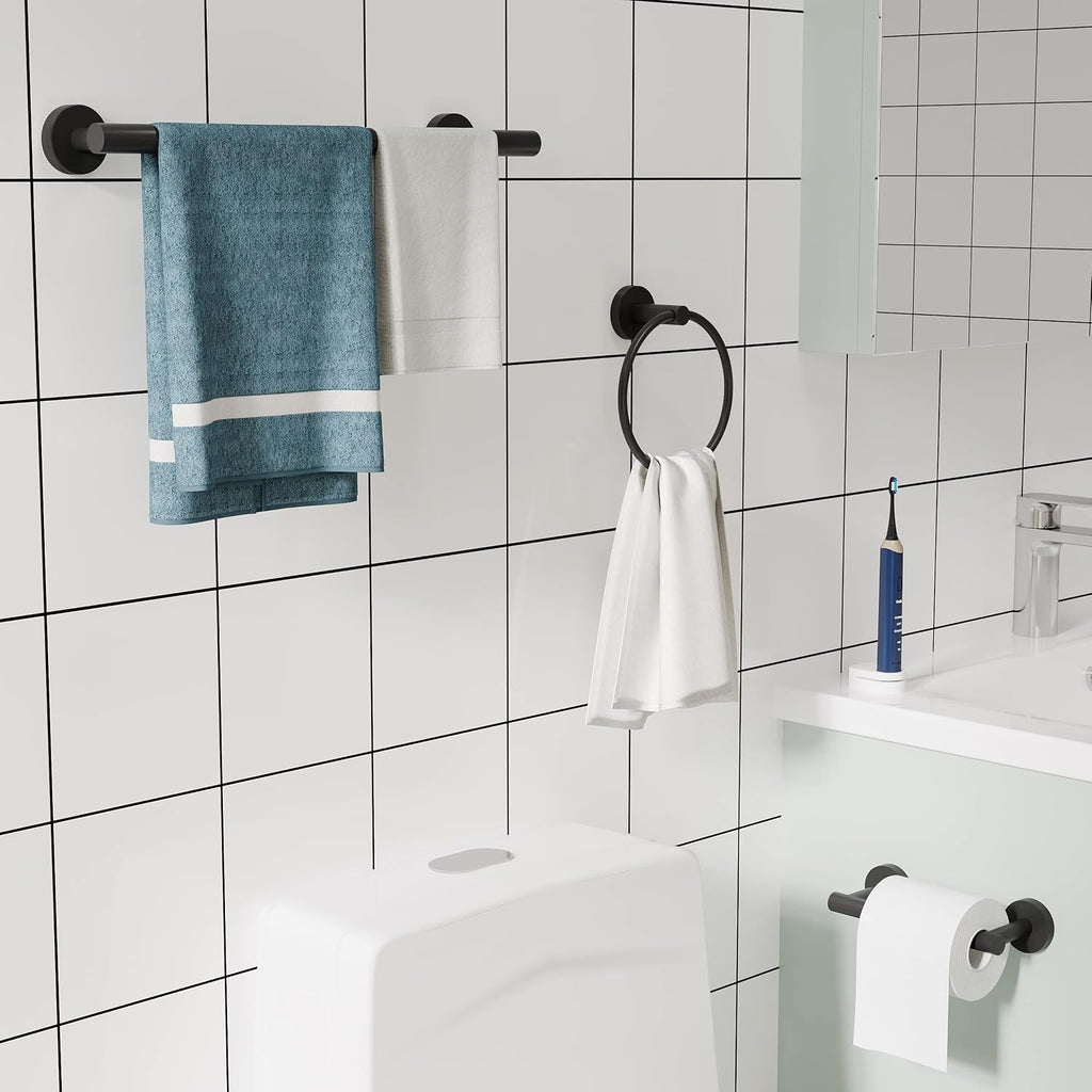 3pc Bathroom Hardware Set with Matte Black Toilet Paper Holder, Towel Ring, Towel Bar SUS304 Stainless Steel Toilet