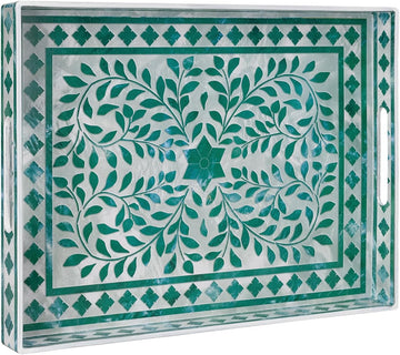 Rectangular Decorative Tray, Plastic Serving Tray with Handles, Modern Green Trays for Ottoman, Coffee Table Trays