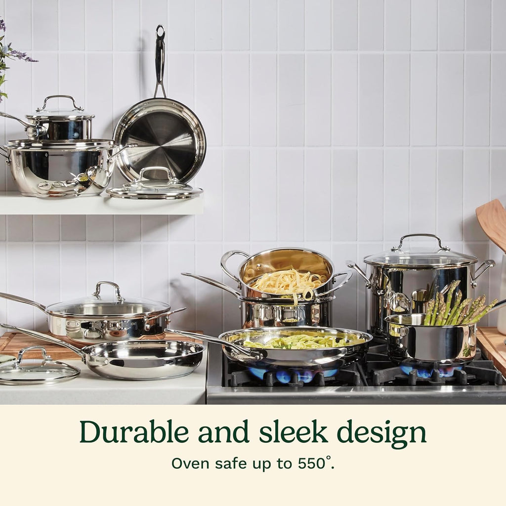 17-Piece Stainless Steel Cookware Set, Chef's Classic Steel Collection with Pure Aluminum Core for Quick and Even