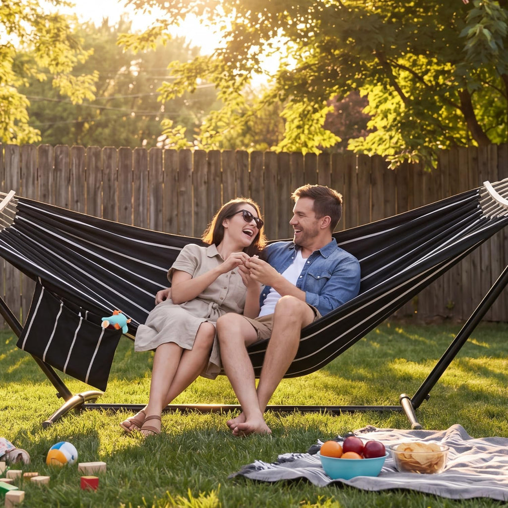 Double Hammock with Stand for Outside, Upgraded Spreader Bar, Heavy Duty Space Saving Steel Stand 2 Person, Side