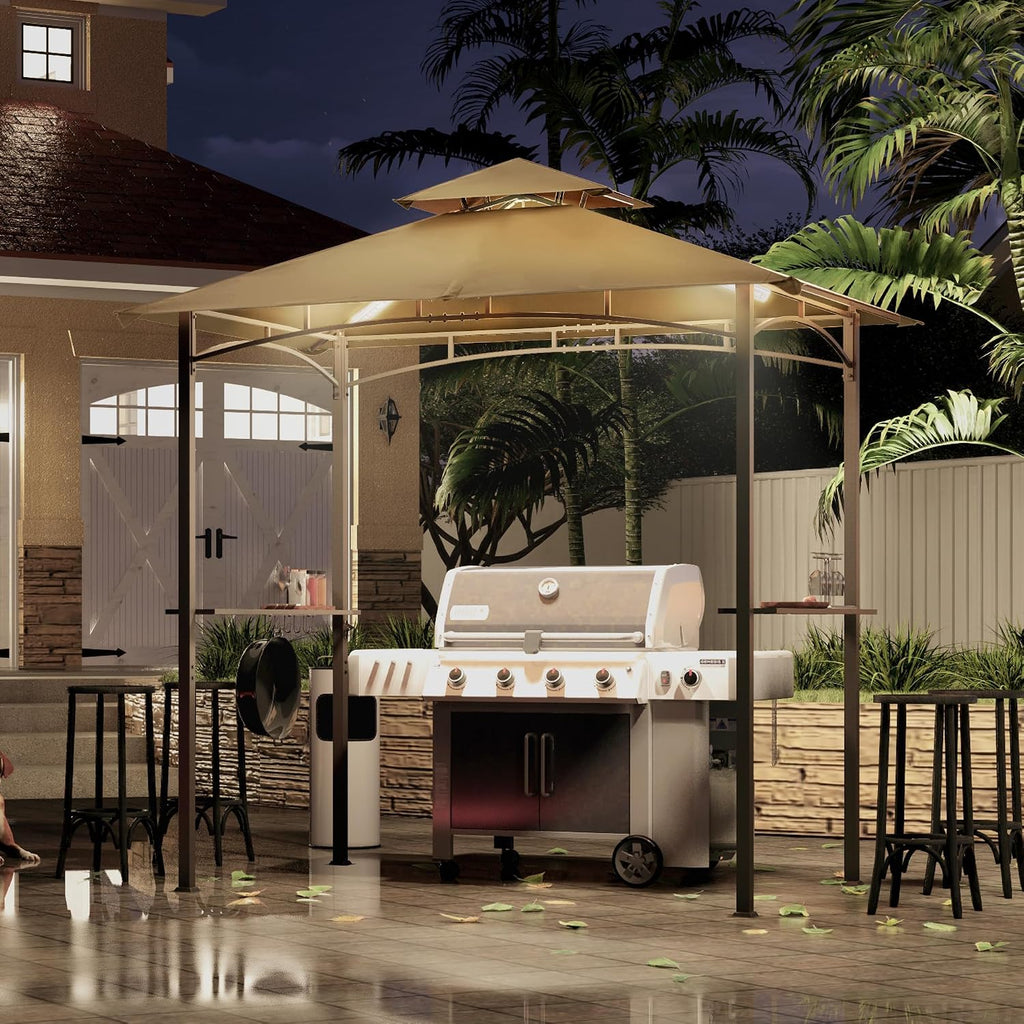 8 x 5 Grill Gazebo Outdoor BBQ Gazebo Canopy with 2 LED Lights (Khaki)