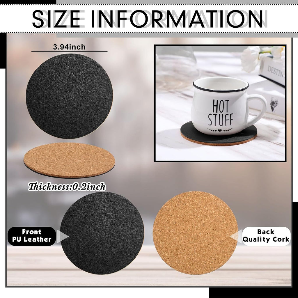Cork and Leather Coasters for Drink 4 Inch Round Thick PU Leather Absorbent Coasters with Cork Blank Bulk - Set of 100