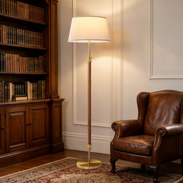 Mid Century Floor Lamp, Dark Walnut Wood Pole Standing Lamp with 18" Linen Shade, Brushed Gold Aluminum Accents, 11"