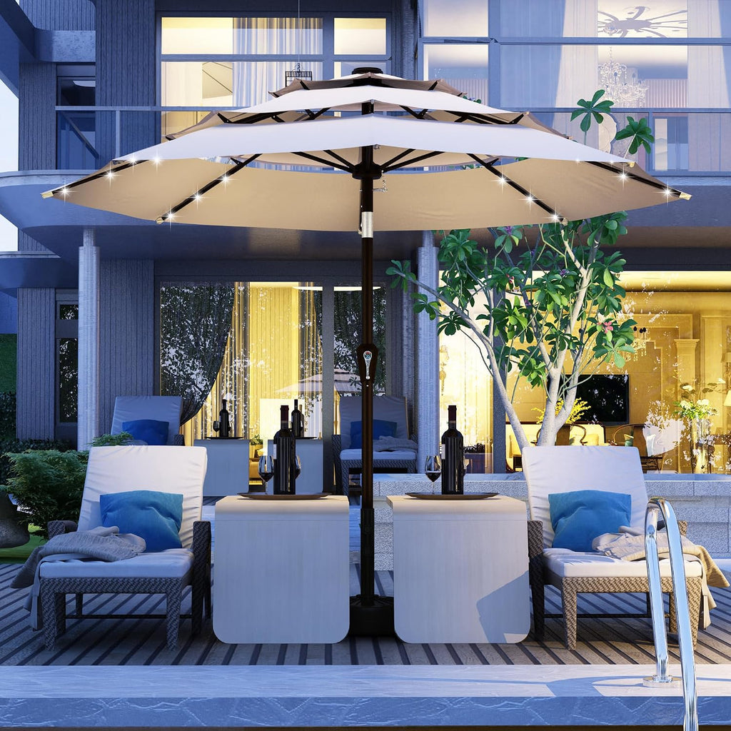 9ft 3-Tier Patio Umbrella with Solar Lights, Table Umbrella Outdoor Patio with Easy Crank & Tilt, 8 Sturdy Ribs
