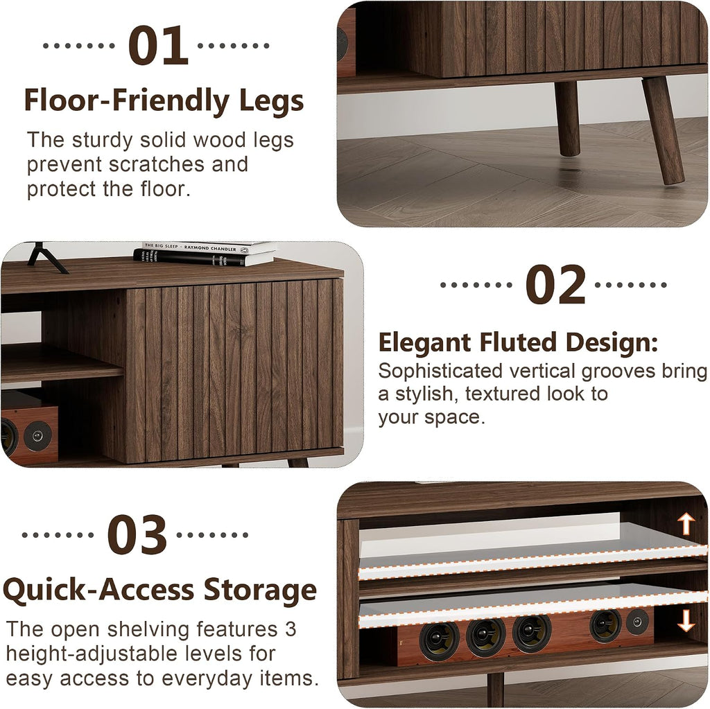 TV Stand for 75 inch TVs, Mid Century Modern Entertainment Center with Power Outlet,Fluted Media Console with Open