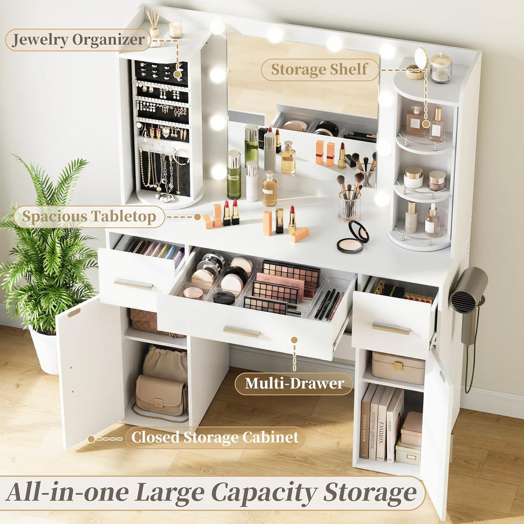 Makeup Vanity Desk with Lights, Mirror and Jewelry Storage, White | USB-C Charging, Rotating Jewelry Organizers, 3