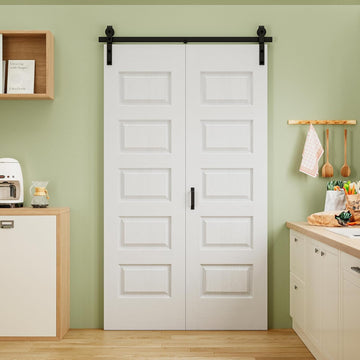 60" x 84" Pre-Assembled 5 Raised Panels Bifold Barn Door, Paintable White Primed Pre-Finished Bi Fol