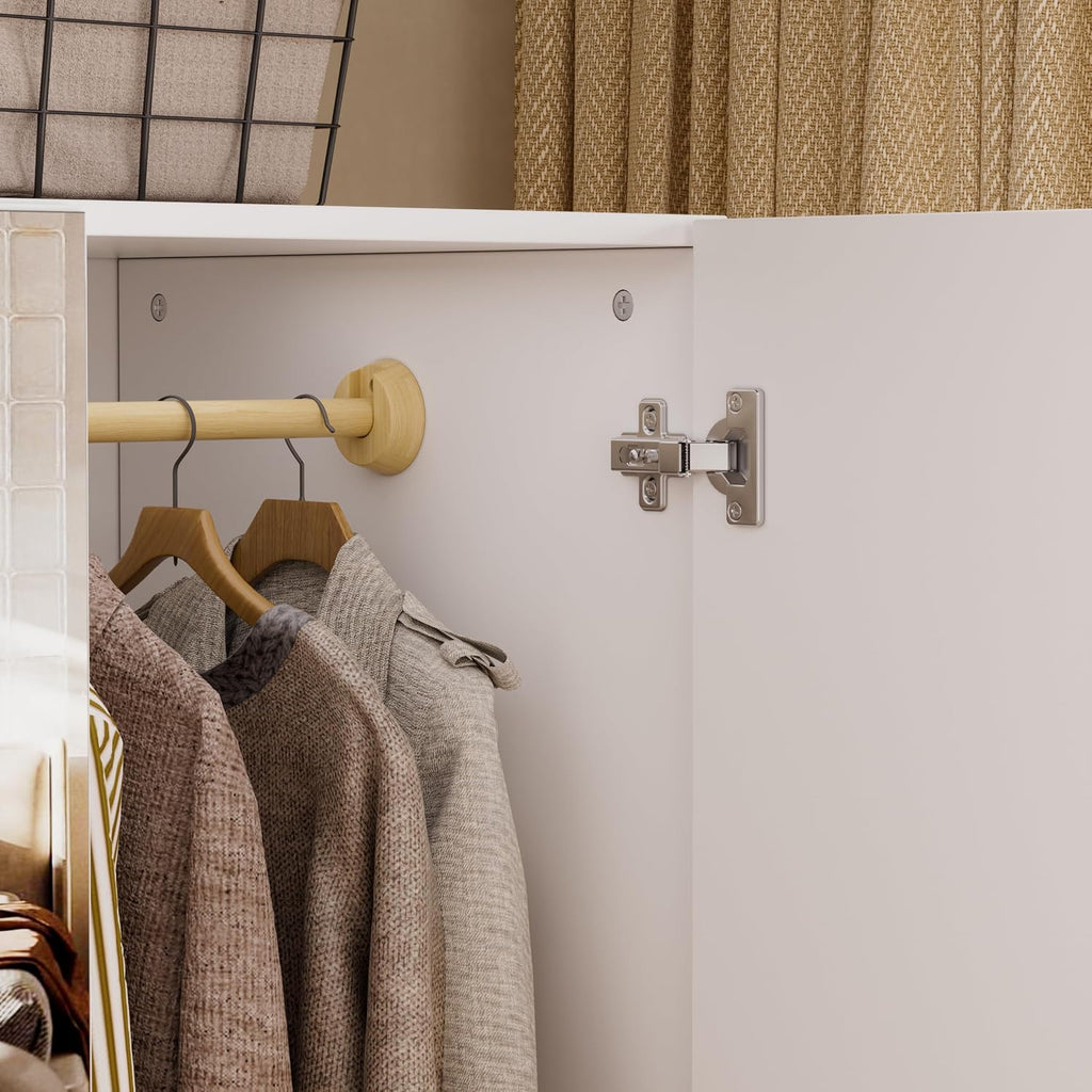 4 Doors Armoire Wardrobe Closet with Led Light & Mirror, Bedroom Large Capacity Freestanding Armoire Wardrobe with