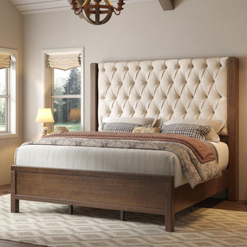 Solid Wood King Size Bed Frame 57" Tall Wingback Headboard, Walnut