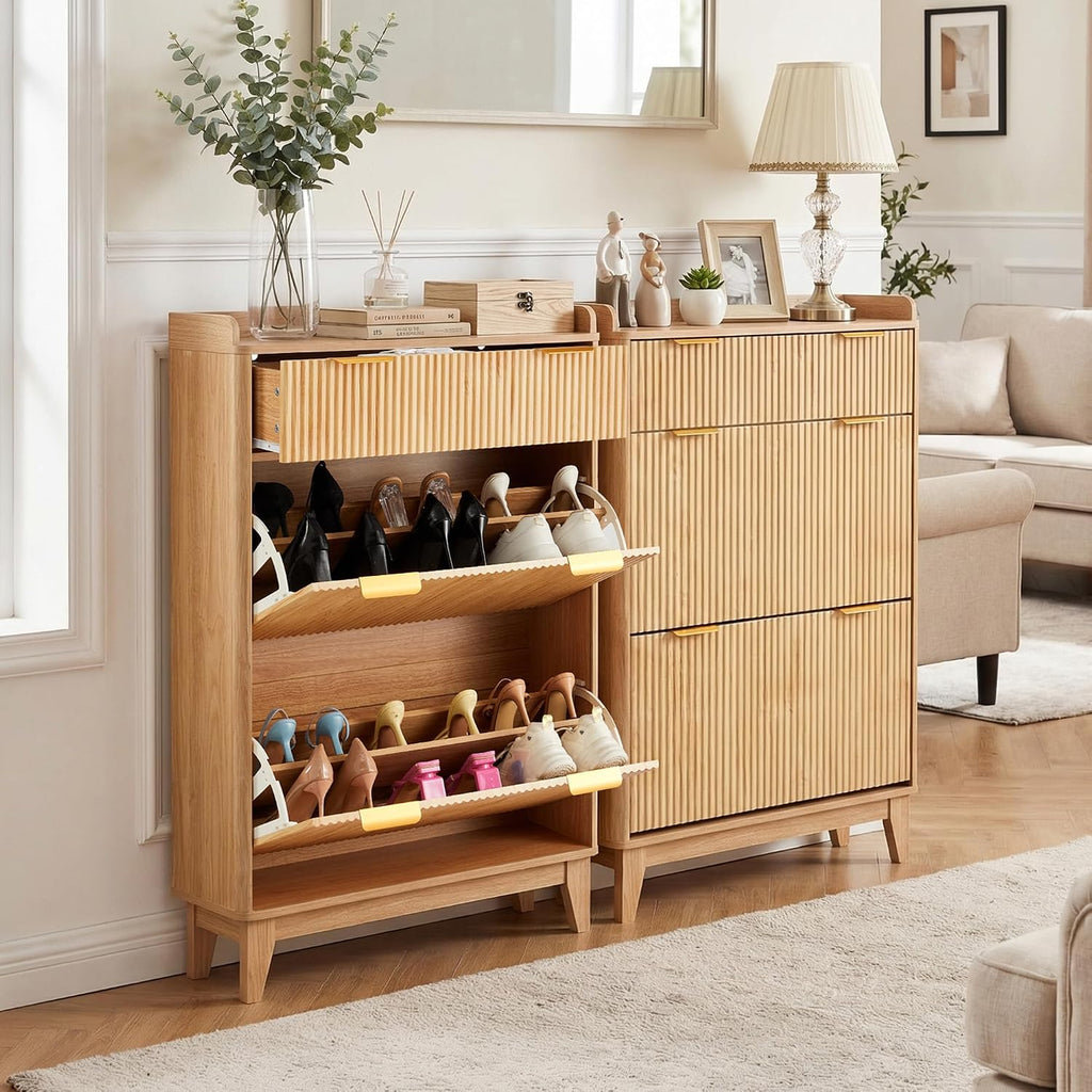 Wood Fluted Shoe Organizer - Slim Shoe Cabinet with 2 Flip Drawers & 1 Drawer, Narrow Shoe Cabinet with Adjustable