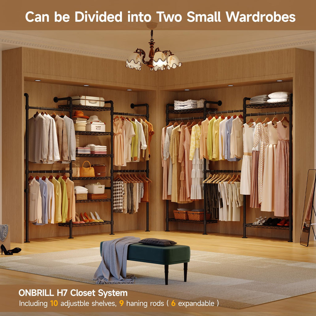 L7 Wall Mounted Industrial Pipe Clothing Rack, Corner Closet System