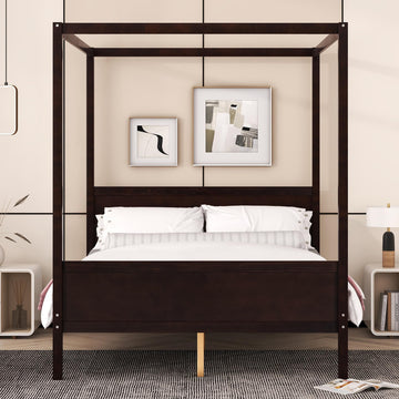 Queen Solid Wood Canopy Bed with Headboard and Footboard, Espresso