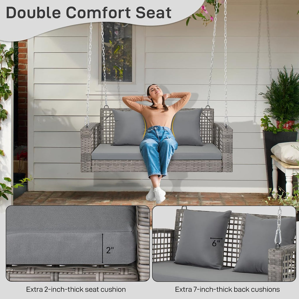 4FT Wicker 2-Person Porch Swing with Cushions Hanging Chains | Sturdy hanging patio swing for adults, supports up to